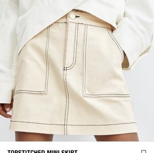 Zara Ness Topstitched Cream Denim Mini Skirt
